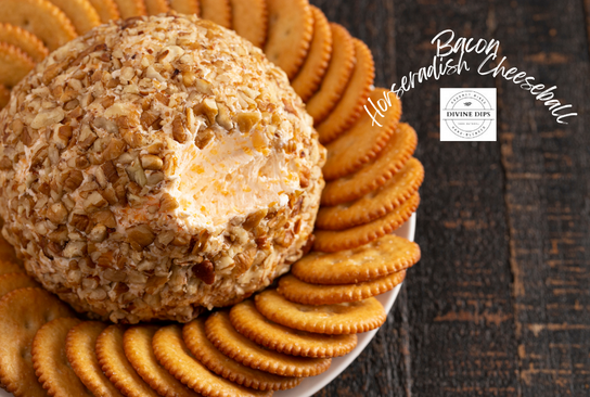 Bacon Horseradish Cheeseball on a plate with crackers
