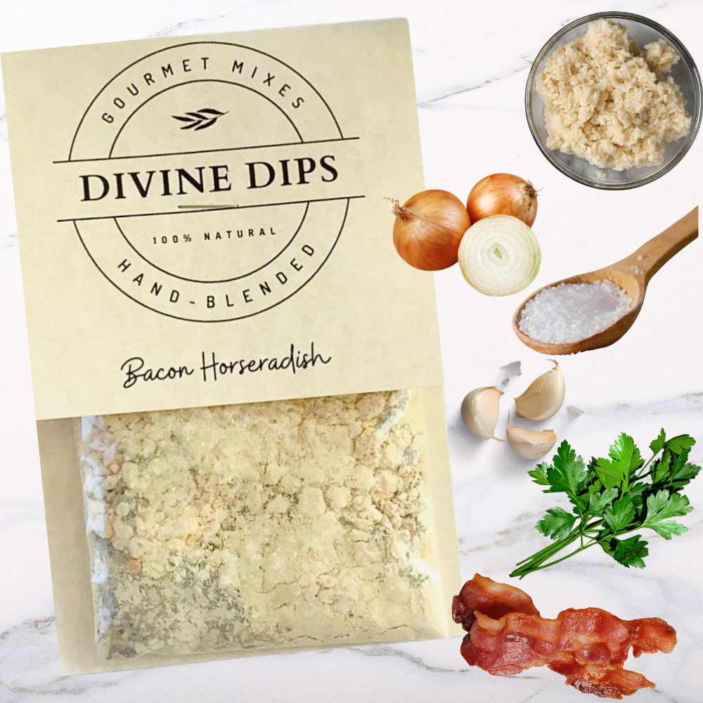 Bacon Horseradish dip mix in package with raw ingredients surrounding, onion, bacon, salt, parsley, garlic, horseradish