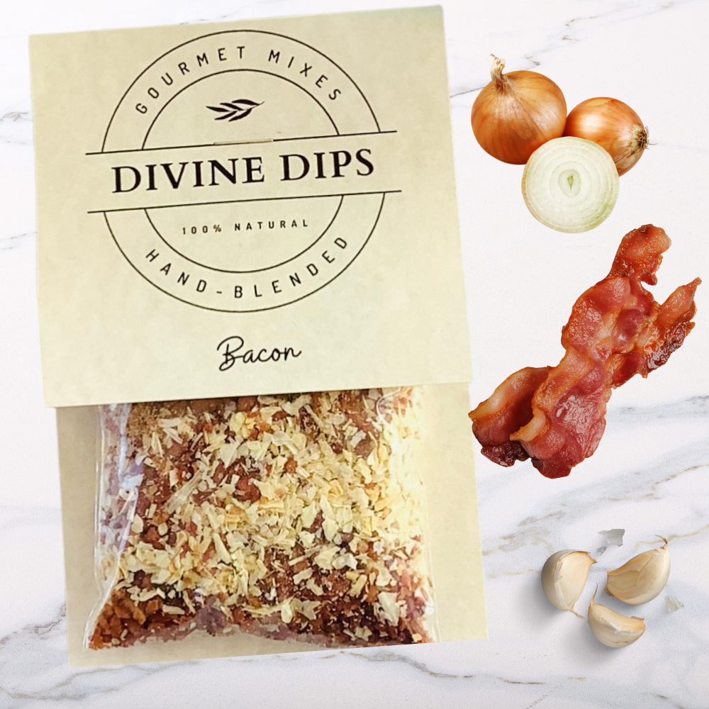 Bacon dip mix in package with raw ingredients beside it onion, bacon, garlic