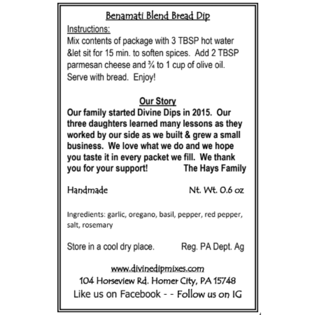 Benamati bread oil seasoning dip mix package back with recipe