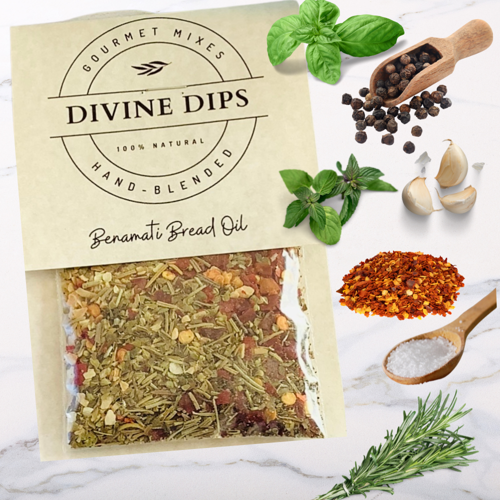 Benamati Bread Oil Dip Mix in package with raw ingredients surrounding, basil, oregano, pepper, garlic, pepper, salt, rosemary