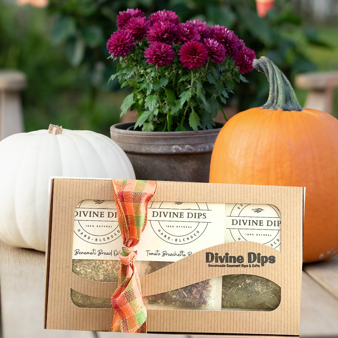 Divine Dips' "Authentic Italian Trio" Set in front of pumpkins