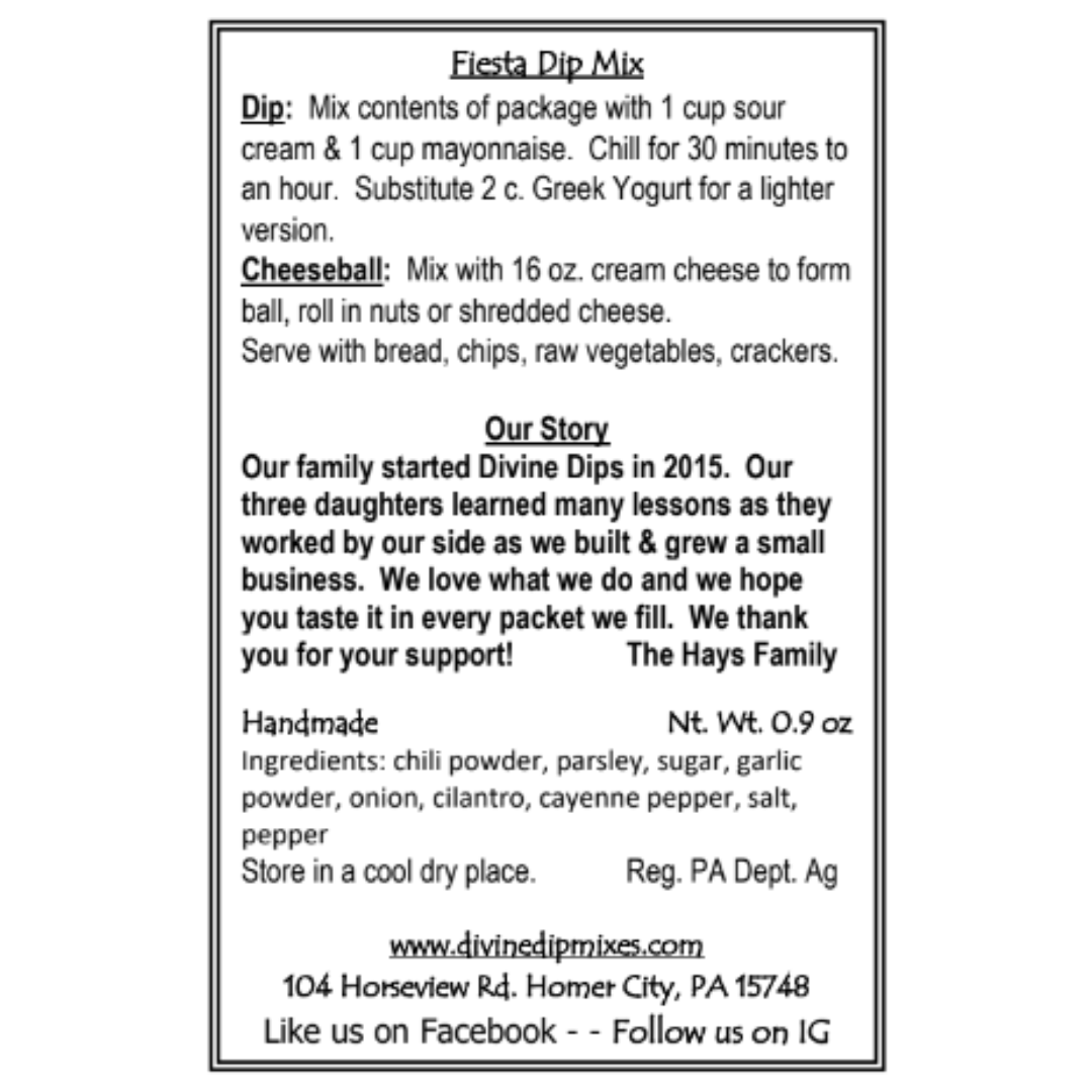 Fiesta Seasoning dip mix package back with recipe
