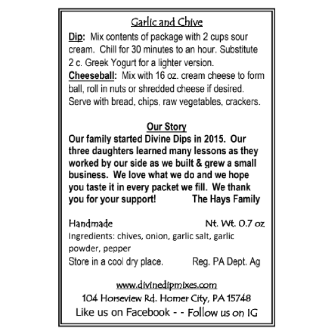 Garlic and chive seasoning dip mix package back with recipe