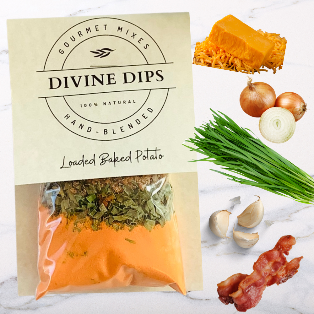 Loaded Baked Potato Seasoning Dip Mix in package with raw ingredients surrounding, cheddar, onion, chives, bacon, garlic