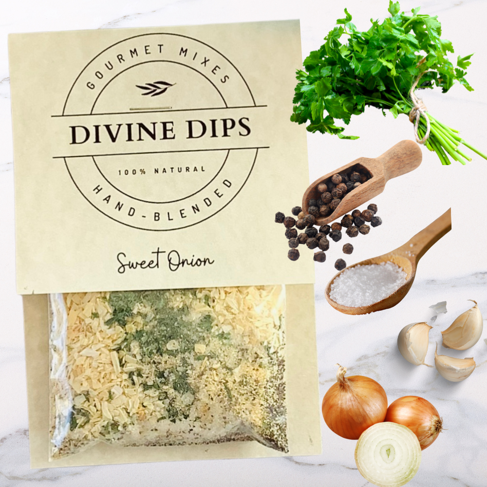 Sweet onion seasoning dip mix in package with raw ingredients surrounding; parsley, salt, onion, garlic, pepper