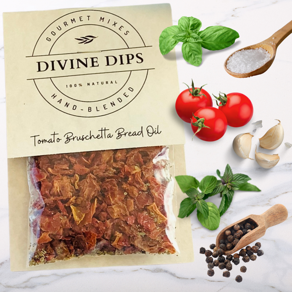 Tomato Bruschetta Bread Oil seasoning dip mix in package with raw ingredients surrounding, basil, oregano, salt, garlic, pepper, tomato