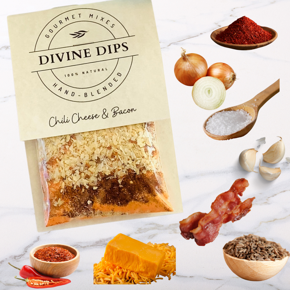 Chili Cheese and bacon seasoning dip mix in package with raw ingredients surrounding, chili powder, onion, salt, garlic, bacon, cheddar, cumin