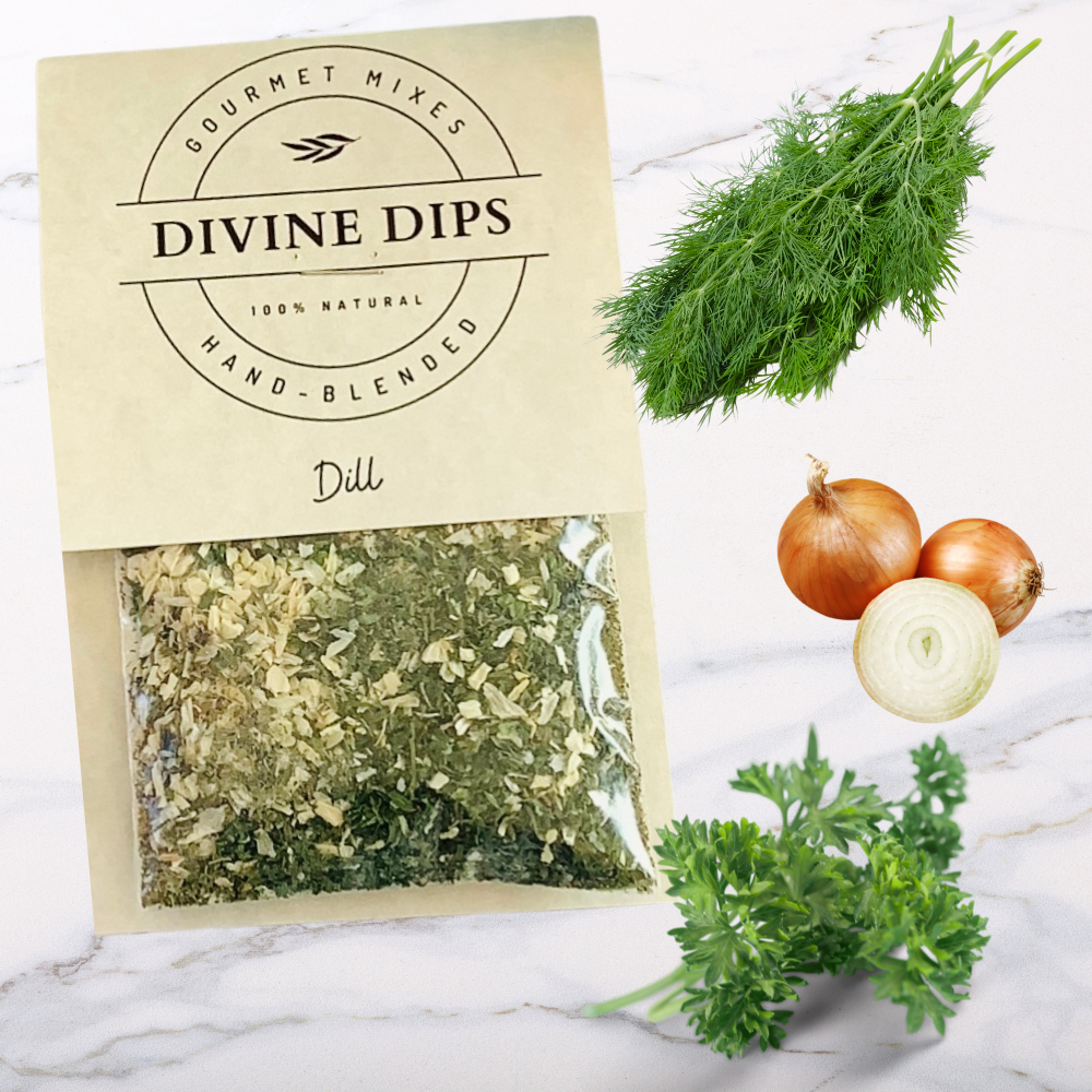 Dill Seasoning dip mix in package with raw ingredients surrounding, dill, onion, parsley