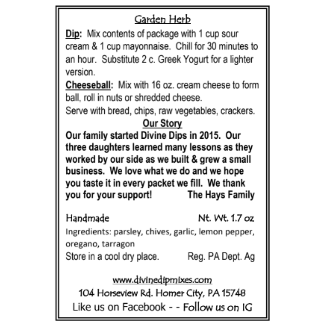 Garden Herb Seasoning dip mix package back with recipe