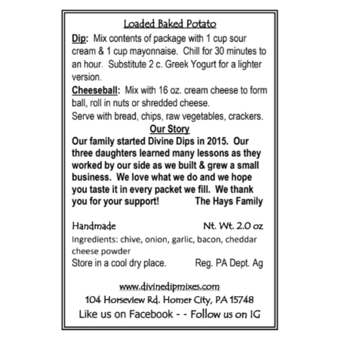 Loaded Baked Potato Seasoning Dip Mix package back with recipe