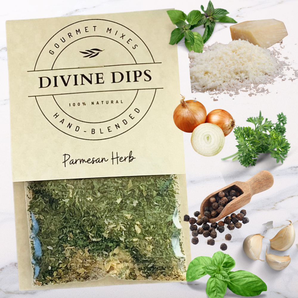 Parmesan Herb Seasoning dip mix in package with raw ingredients surrounding